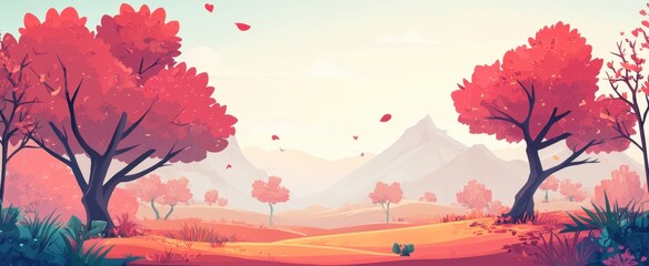 A vibrant autumn landscape featuring colorful trees and rolling hills under a bright sky, ideal for conveying serene and picturesque nature scenes.