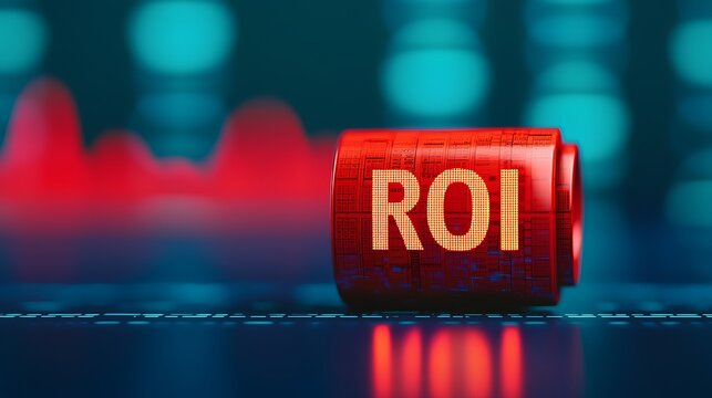 A red digital display shows "ROI" against a blurred background of blue and red graphs, symbolizing return on investment and financial analytics.