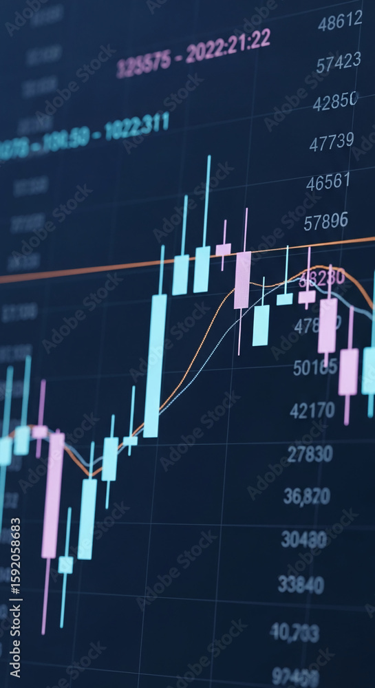 Poster close-up of a stock market chart displaying candlestick patterns and trend lines, showing financial 