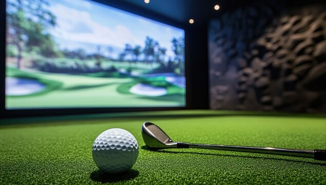 Golf simulator room, golf ball, club
