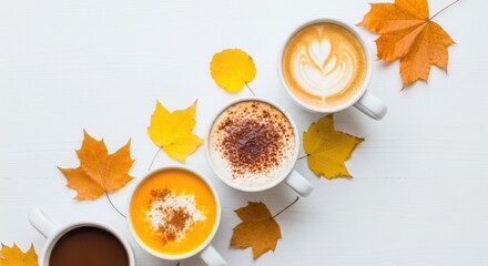 Cozy autumn coffee break with warm beverages and colorful fall leaves