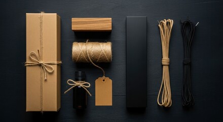 Crafting and packaging supplies arranged artistically on a dark textured surface