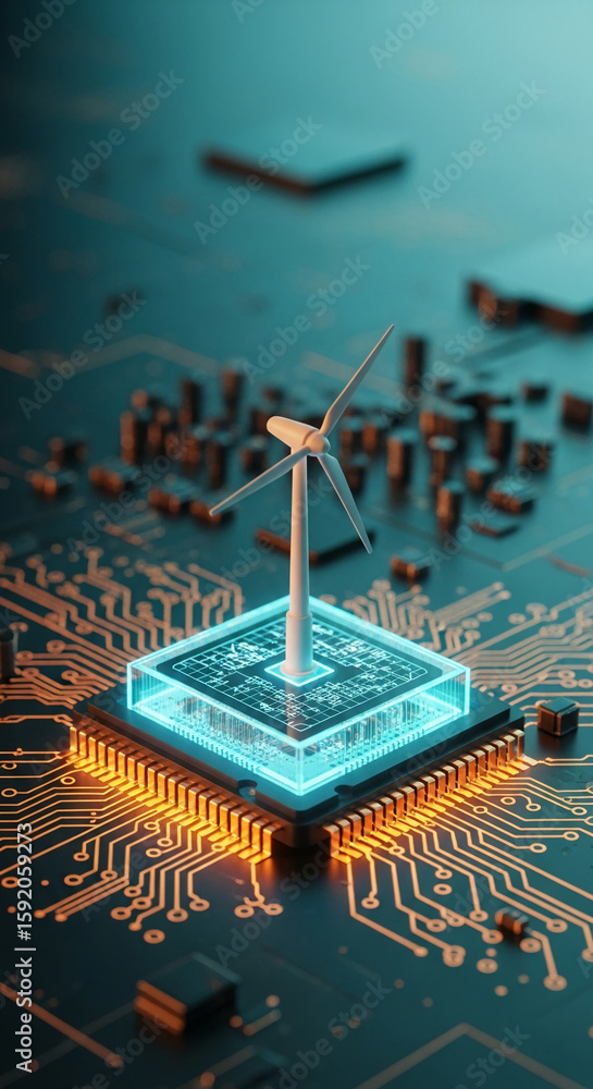 Fototapete miniature wind turbine on a glowing circuit board, showcasing clean energy technology integration, s
