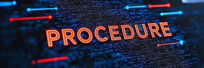 Futuristic digital display featuring the word "PROCEDURE" illuminated in bright orange against a dark background with blue and red data lines.