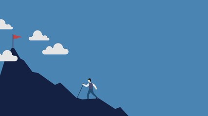Animated illustration of a man climbing a high mountain. Describing career endeavors and business goals