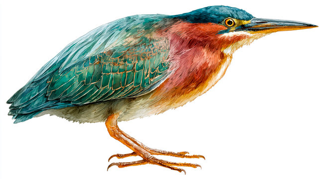 green heron, full-body illustration, airbrush art style, hand-drawn, white background