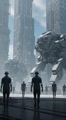 Futuristic Soldiers Walking in Cityscape with Tall Skyscrapers and Large Robots