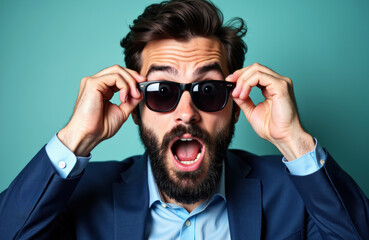 Obraz premium Woman with surprised expression wearing sunglasses and a suit on solid background