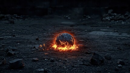 Glowing Lava Sphere on Dark Ground with Sparks and Ashes