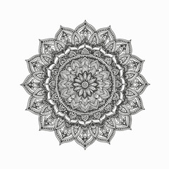 Traditional Indian mandala with bold black patterns detailed line art on white background