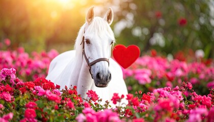 White horse in a rose garden