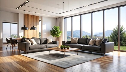 Fototapeta premium Modern living room with large windows overlooking mountains