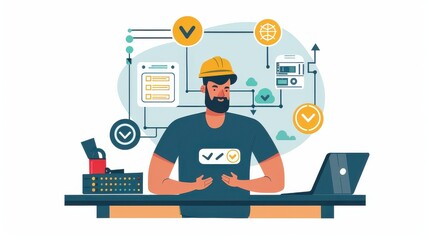 An engineer with a helmet at a desk with a laptop and server with checkmarks and other icons around