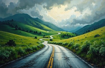Fototapeta premium Winding road through lush green hills under cloudy sky creating scenic landscape