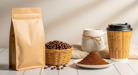 Aesthetic arrangement of coffee products including beans grounds and takeaway cups