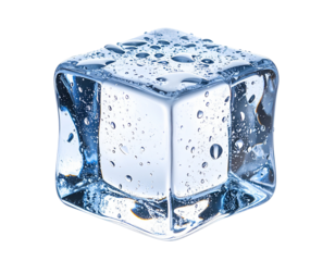 Hyper realistic melting ice cube with water drops, isolated on a transparent background