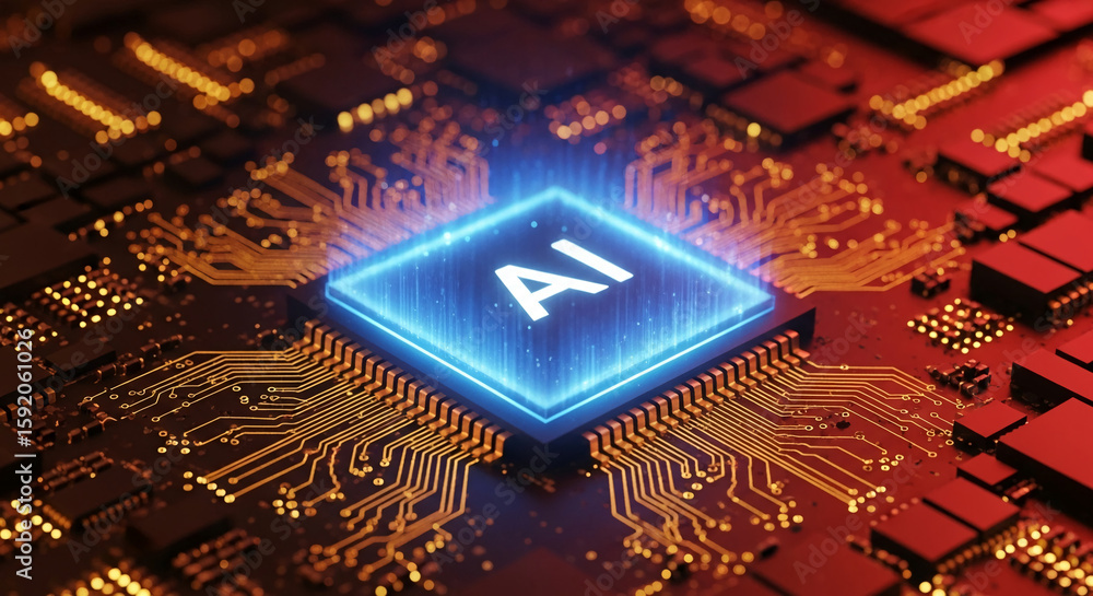 Fototapete close-up of ai processor on circuit board, glowing blue, showcasing technological advancement and ar