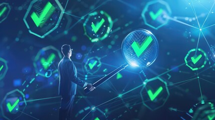 Man examining green checkmarks with a magnifying glass in a digital network environment scene