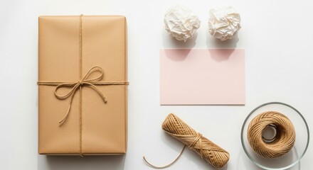 Gift wrapping supplies including a brown paper package tied with twine and a pink card