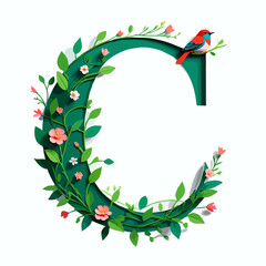 Vector art of letter c is decorated with flowers and a bird isolated on white background