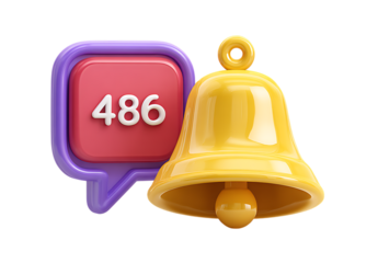 3D icon of a yellow bell and a purple message bubble with one red accent. using an aperture setting to create a shallow depth of field and blur in the background for a soft focus effect.