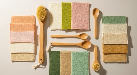 Natural bath and body care accessories featuring wooden spoons and textured washcloths