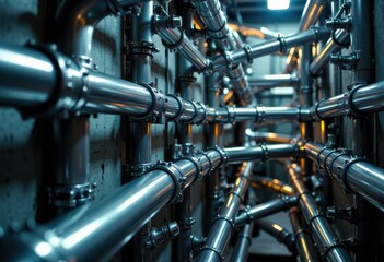 Industrial pipes and plumbing system in a modern facility with metallic surfaces and complex network