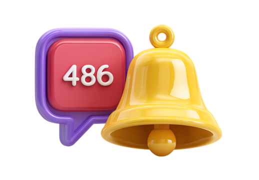 3D icon of a yellow bell and a purple message bubble with one red accent. using an aperture setting to create a shallow depth of field and blur in the background for a soft focus effect.