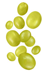 Real photo of levitating green pitted olives isolated on transparent background.