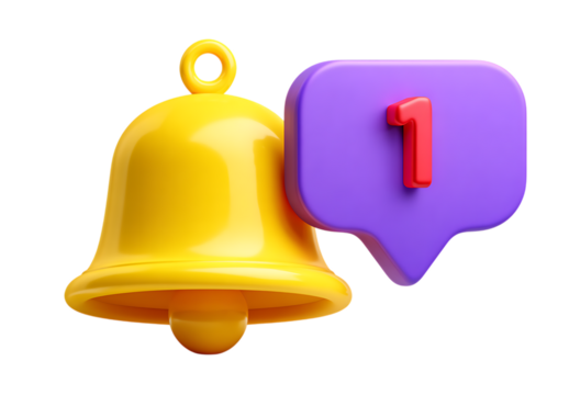 3D icon of a bell and message bubble with the number 1, on a white background, in a minimalistic style, with an isometric view and a light purple and yellow color scheme.