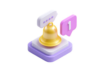 Fototapeta premium 3D icon of a bell and message bubble with the number 1, on a white background, in a minimalistic style, with an isometric view and a light purple and yellow color scheme.