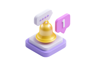 3D icon of a bell and message bubble with the number 1, on a white background, in a minimalistic style, with an isometric view and a light purple and yellow color scheme.