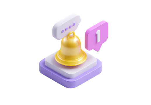 3D icon of a bell and message bubble with the number 1, on a white background, in a minimalistic style, with an isometric view and a light purple and yellow color scheme.
