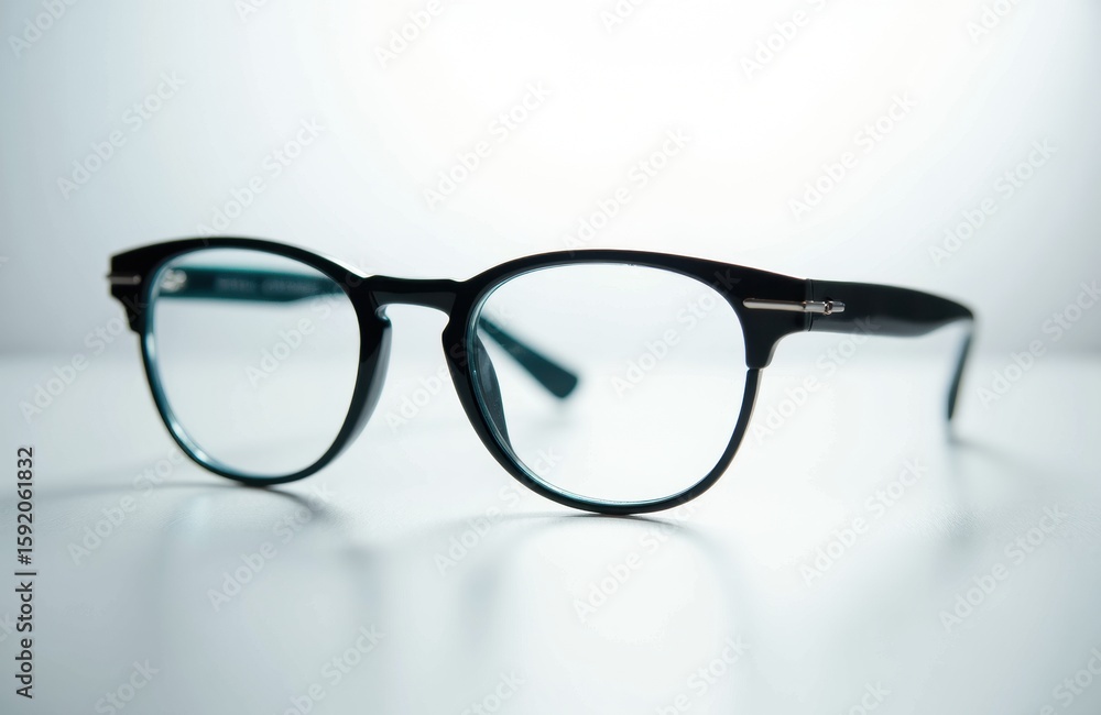 Poster eyeglasses with black frames resting on a white surface with a soft background