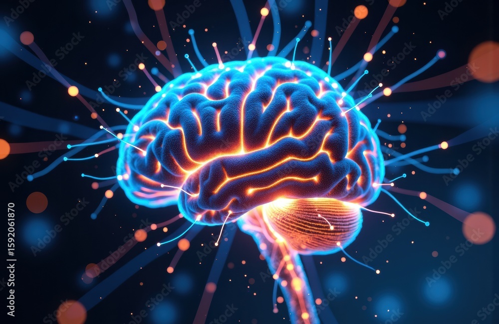 Poster brain with glowing neural connections and electrical impulses illustrating neural activity and commu
