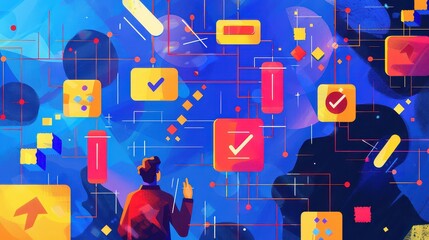 A person looking at a complex network of shapes and lines with checkmarks and other geometric forms