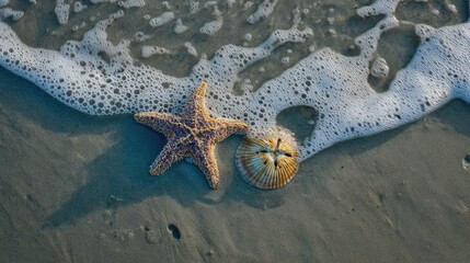 Seashells and starfish on sandy beach