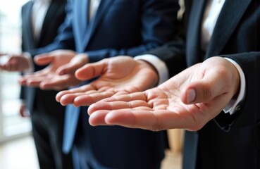 Obraz premium Businesspeople in formal suits extending their hands for a handshake or greeting