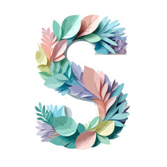 Vector art of letter s is decorated with pastel leaves isolated on white background