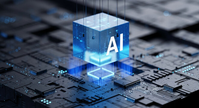 Glowing blue AI cube suspended over circuit board, showcasing technological advancement and artificial intelligence concept