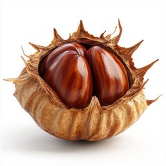 Close-Up of a Shiny Chestnut Inside a Spiky Shell on a White Background for Natural Food Concepts