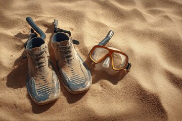Snorkeling gear on sandy beach