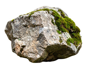 Realistic stone with moss and earthy texture, isolated on a transparent background