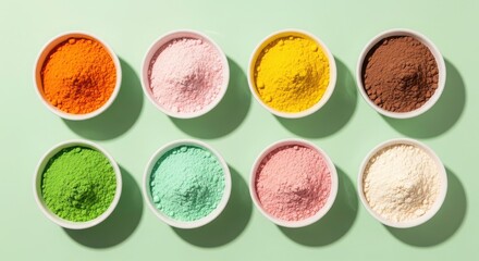 Eight small white bowls filled with vibrant colored powders arranged on a light green surface