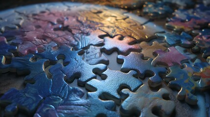 Abstract close up of colorful jigsaw puzzle pieces with soft lighting