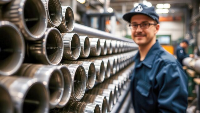 Stacked steel cylinders against the backdrop of a production workshop. A worker in uniform services the equipment. Metalworking in the context of engineering solutions.