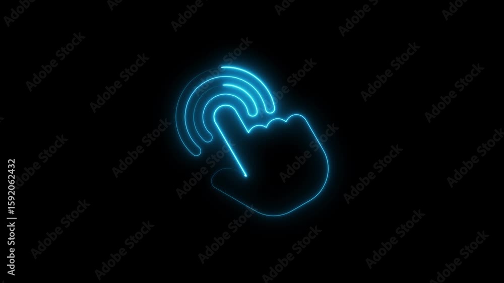 Poster glowing neon hand gesturing click on a black background digital animation