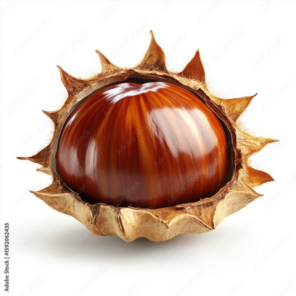 Poster whole chestnut in a cracked shell with glossy texture and natural elements isolated on white backgro