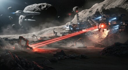 Futuristic Space Battle Scene with Laser Weapons on Rocky Moon Surface in Outer Space