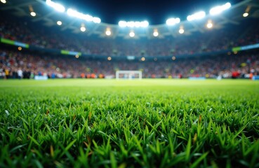 A soccer stadium filled with spectators during a match with a focus on the lush green grass field